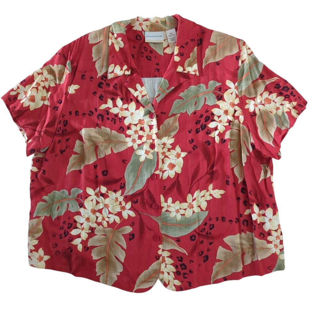Alfred Dunner WOMAN Red Tan Green & Black Button Up Floral Top Women's Size 24W